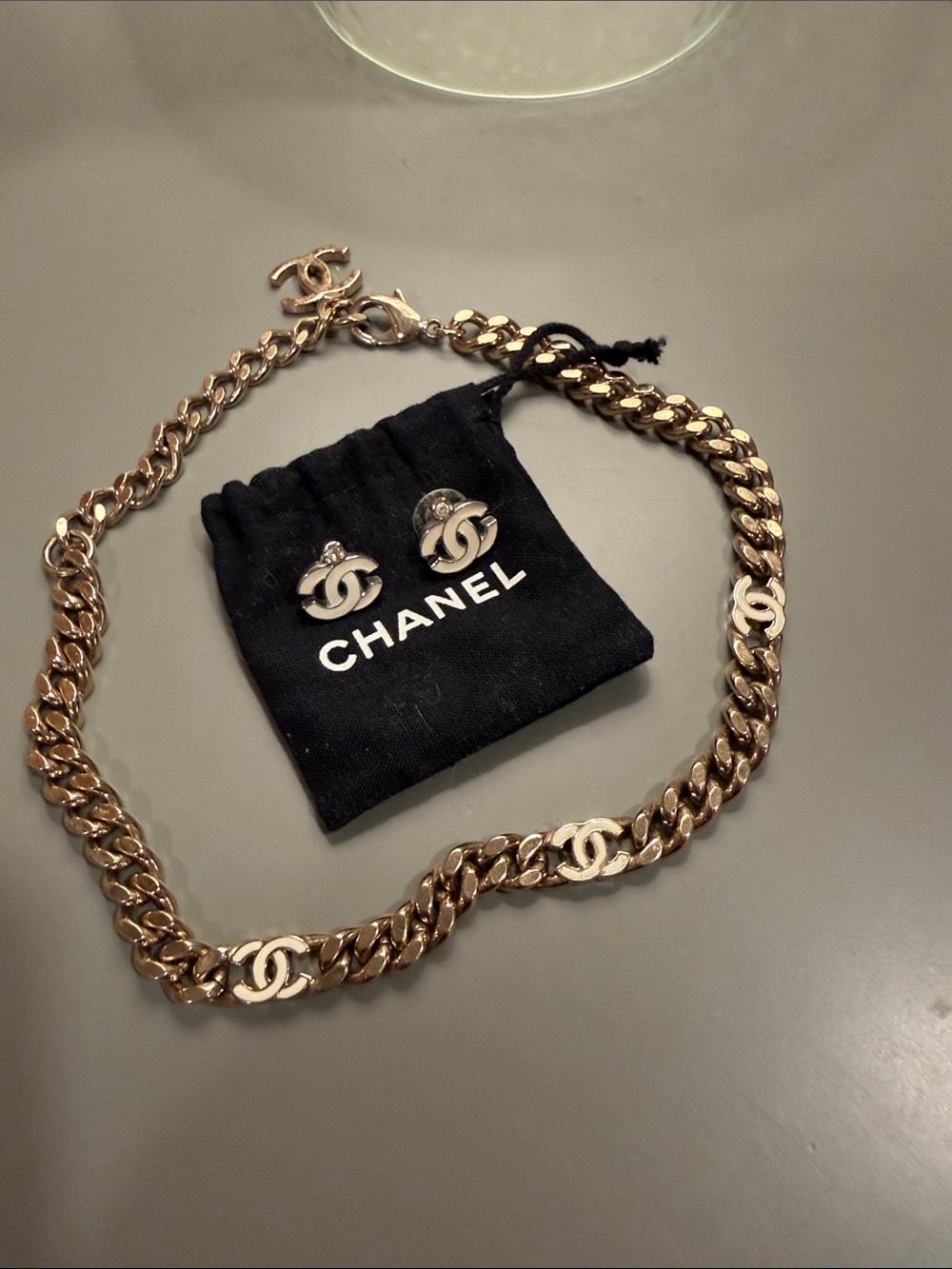 CHANEL Gold-Tone CC Logo Chain Necklace with Matching CC Studs